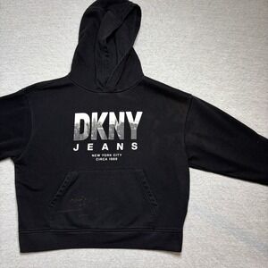 DKNY Jeans Womens Hoodie Size M Black NYC Graphic Pullover Sweatshirt Streetwear
